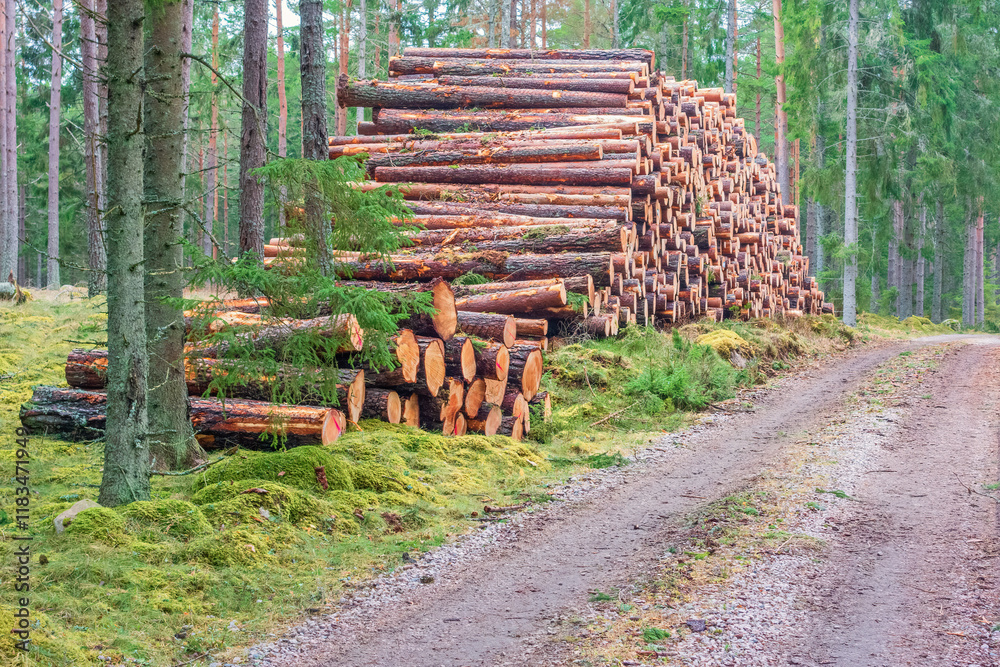 Forest road with stacked timber logs in a forest Forest road with stacked timber logs in a forest