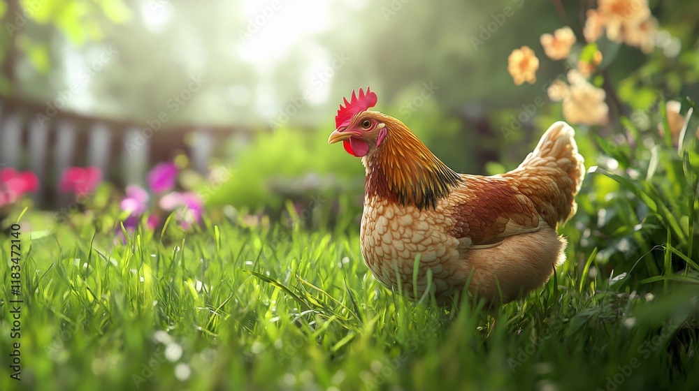 Fototapeta premium Hen roaming freely on lush green grass in a farm setting. A healthy chicken exploring the vibrant green grass in a garden environment. Enjoy the sight of the hen amidst nature s greenery.