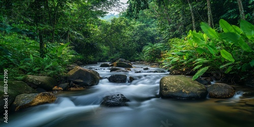 Small river flowing through a lush green forest, showcasing the serenity and beauty of nature with a picturesque brook surrounded by vibrant flora. Experience the tranquility of this enchanting brook.