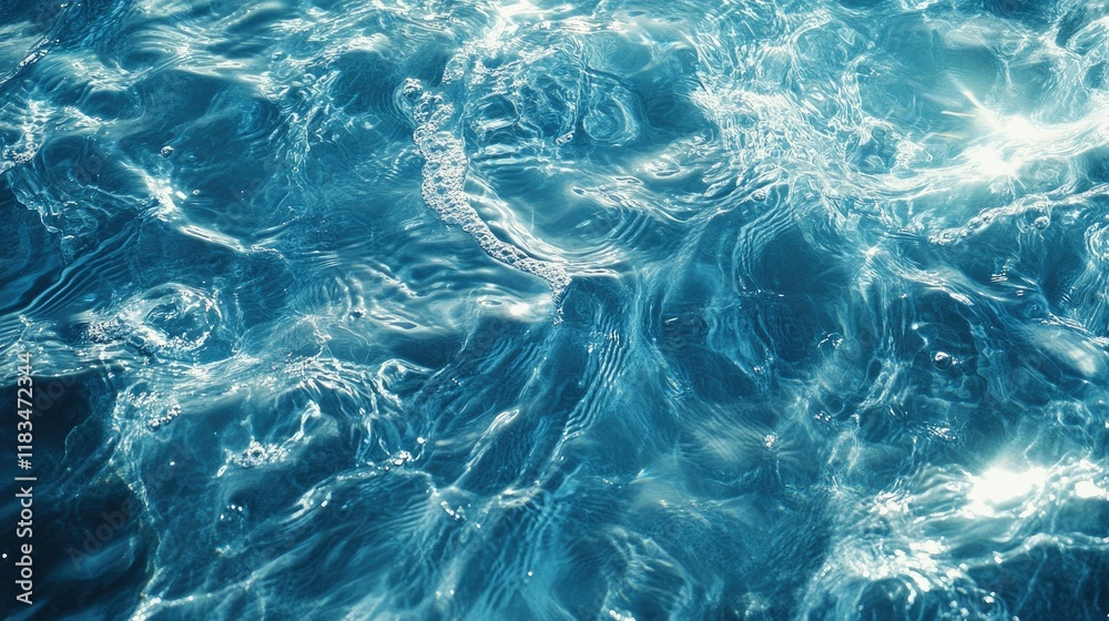 Obraz premium Clear blue water wave texture with ripples and splashes under sunlight, perfect for cosmetic ads featuring micellar toner, moisturizer, or emulsions.