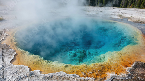 Close-Up of Geothermally Heated Hot Spring with Steam and Vibrant Colors photo