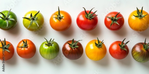 Fresh tomatoes arranged on a white background, showcasing vibrant colors and textures. These tomatoes highlight the natural beauty and appeal of tomatoes in culinary presentations.