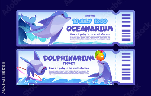 Cute dolphinarium ticket design with playful dolphin characters performing tricks - swimming, jumping through ring, balancing beach ball. Marine entertainment admission pass template for aquatic show.