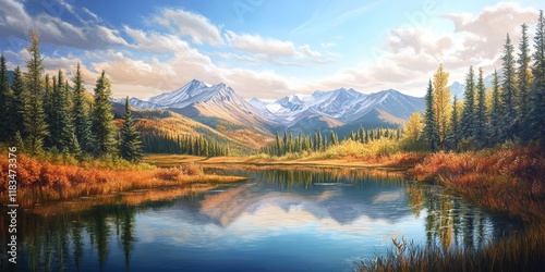 Scenic mountain landscape featuring a tranquil pond under a beautiful sky, capturing the essence of nature s beauty in this stunning mountain landscape setting.