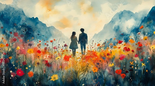 valentine mockup romantic gift love card heart design. Couple Holding Hands in Vibrant Wildflower Meadow