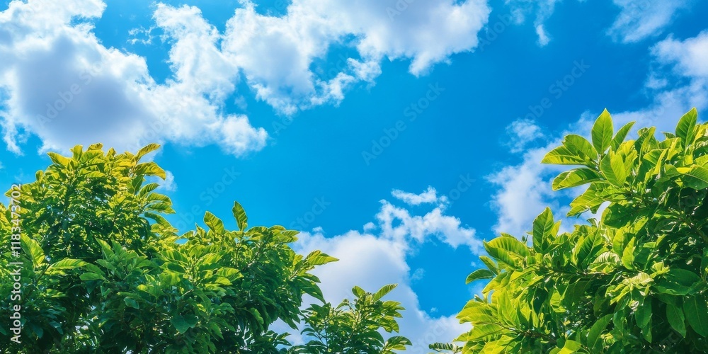 Fototapeta premium Vibrant mango tree tops contrast beautifully against a bright blue sky with fluffy clouds, showcasing the natural beauty of mango trees in an idyllic setting.