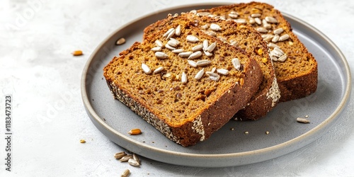 Two slices of gluten free bread topped with sunflower seeds, flax, and pumpkin rest on a gray plate against a light concrete background, creating a visually appealing gluten free bread display. photo