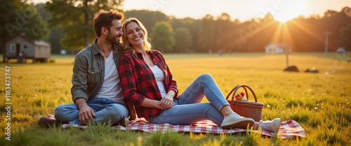 Joyful couple enjoying picnic on plaid blanket in meadow, romance