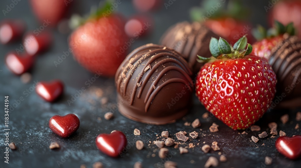 valentine mockup romantic gift love card heart design. Delicious Chocolate Truffles and Strawberries valentine mockup romantic gift love card heart design. Delicious Chocolate Truffles and Strawberries
