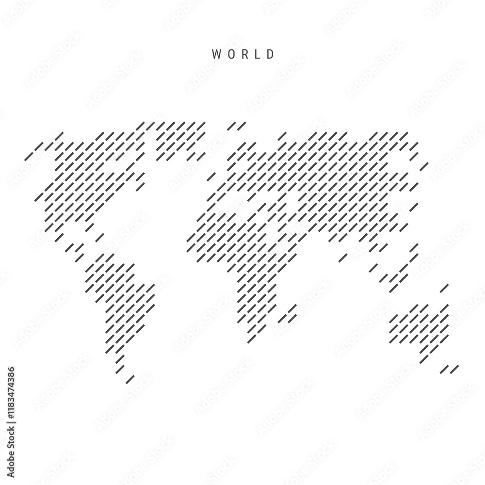 Fototapeta premium World map from pattern of black slanted parallel lines. World map with gray diagonal lines. Silhouette of a country made of oblique hatching. Vector illustration isolated on white.