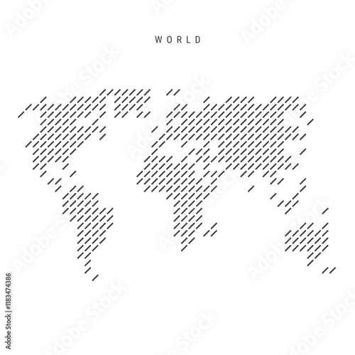 World map from pattern of black slanted parallel lines. World map with gray diagonal lines. Silhouette of a country made of oblique hatching. Vector illustration isolated on white.