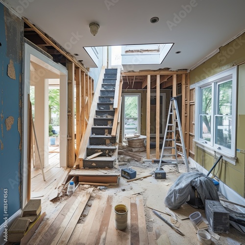 A home renovation project is underway. The exposed staircase and open walls reveal studs. A ladder is leaning against the wall, with tools and materials scattered around.