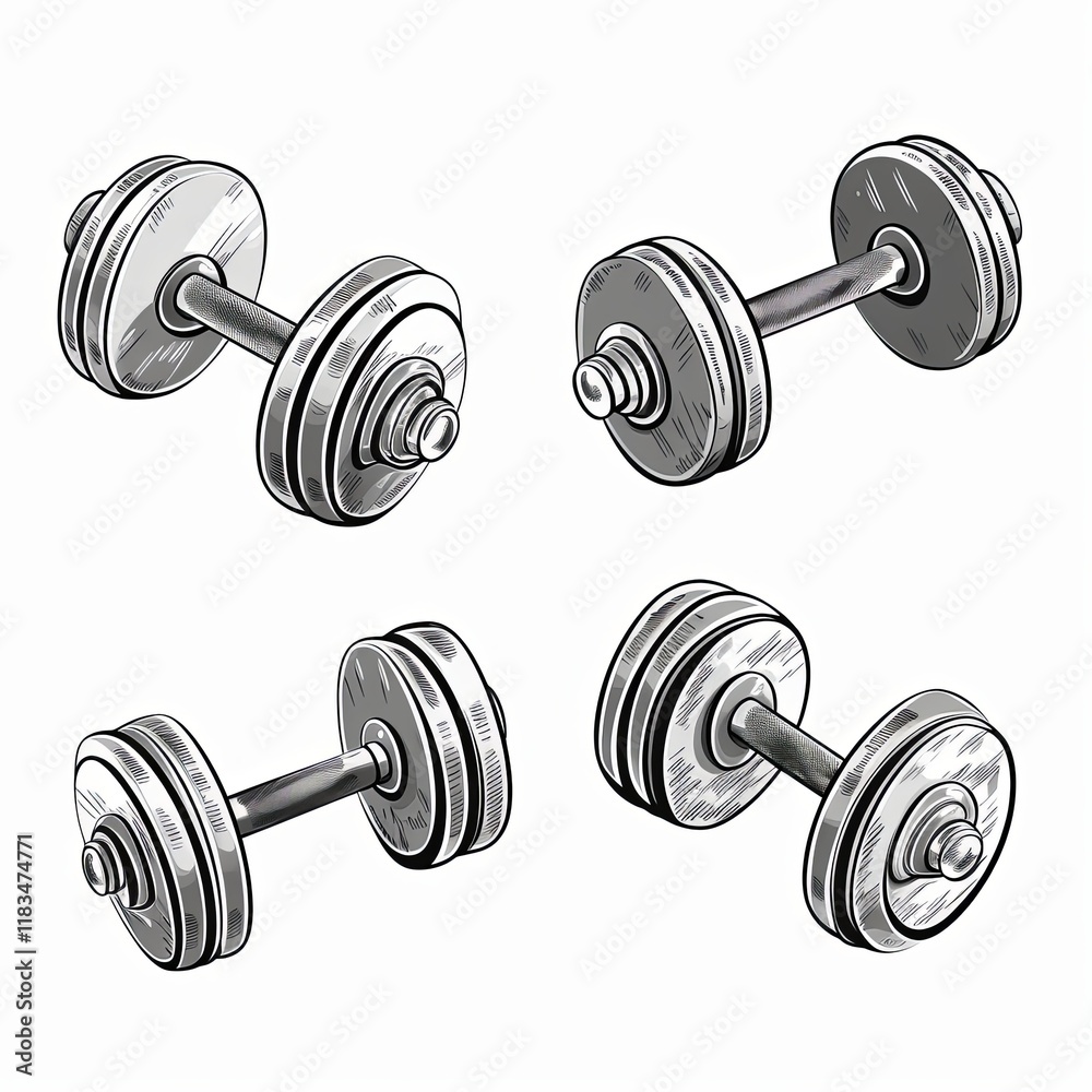Naklejka premium A set of four metal dumbbells isolated on a white background. The dumbbells are of different weights, with the heaviest being on the left and the lightest on the right.
