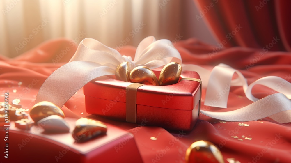 A luxurious red gift box adorned with a white ribbon and golden chocolates, set against a soft and romantic backdrop, perfect for Valentine's Day. A luxurious red gift box adorned with a white ribbon and golden chocolates, set against a soft and romantic backdrop, perfect for Valentine's Day.