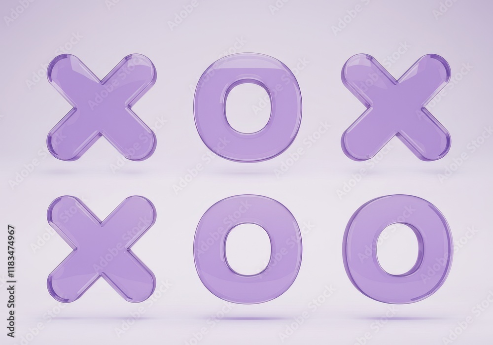 Obraz premium 3D set of translucent glass X and O shapes in pastel purple hues
