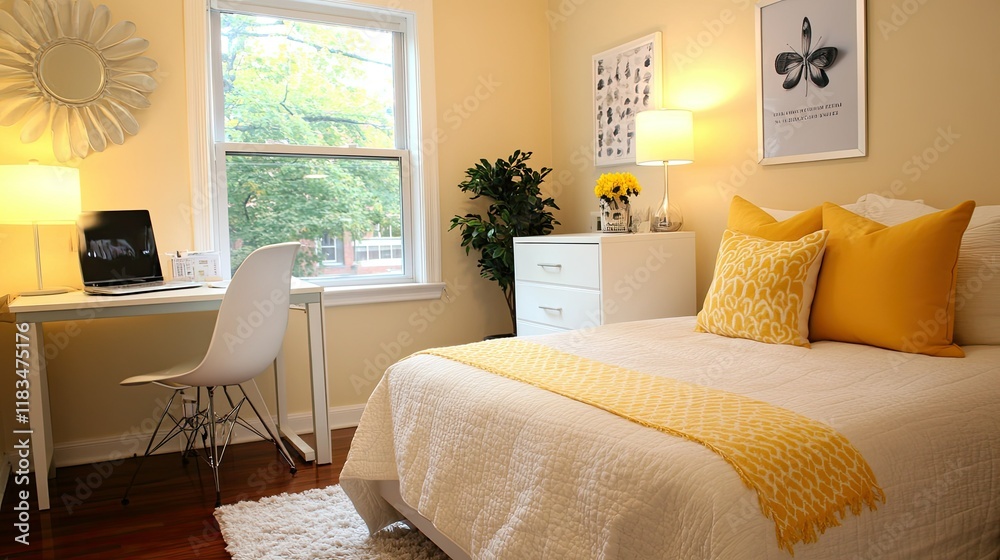 Fototapeta premium Cozy yellow and white bedroom with a small desk setup, a yellow accent pillow on the bed, and a white chair adding brightness and functionality.