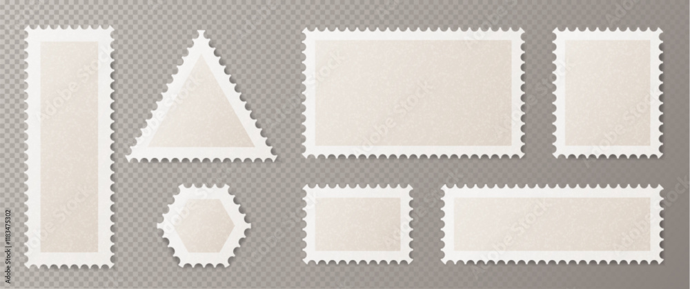 Postcard stamp frames set in different geometric shapes - vertical and horizontal rectangle, triangle, hexagon with white perforated borders. Vintage mail, philately or scrapbooking design elements. Postcard stamp frames set in different geometric shapes - vertical and horizontal rectangle, triangle, hexagon with white perforated borders. Vintage mail, philately or scrapbooking design elements.