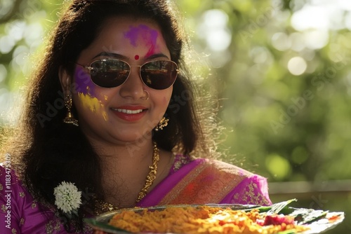 Joyful Woman Celebrating Festival Outdoors with Vibrant Colorful Powder in a Festive Atmosphere photo