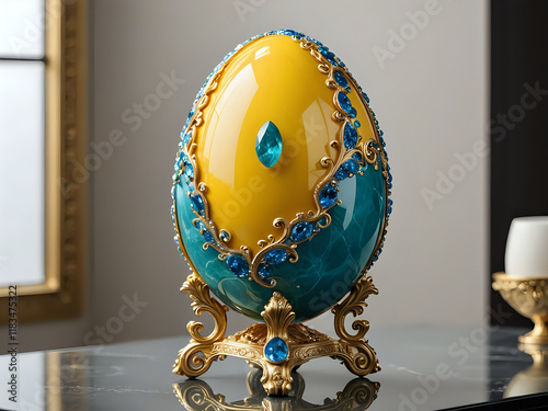 Luxury easter egg made by jade,  precious stone, blue crystal and golden carve patterns. 300dpi
