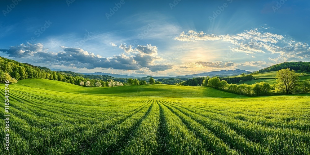 Obraz premium Panoramic view of a vibrant green field in spring, showcasing the beauty of nature. This spring landscape highlights the lush greenery, making the green field a perfect depiction of spring.