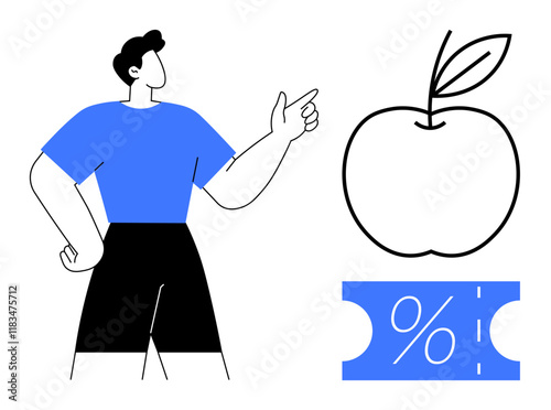 Man wearing blue shirt points towards minimalist apple and discount coupon. Ideal for retail promotions, healthy lifestyle campaigns, nutrition, food discounts, marketing strategies, consumer