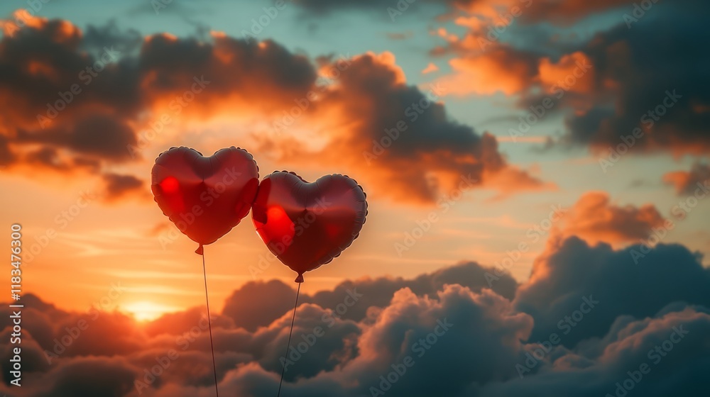 Fototapeta premium valentine mockup romantic gift love card heart design. Two Heart-Shaped Balloons Soaring at Sunset