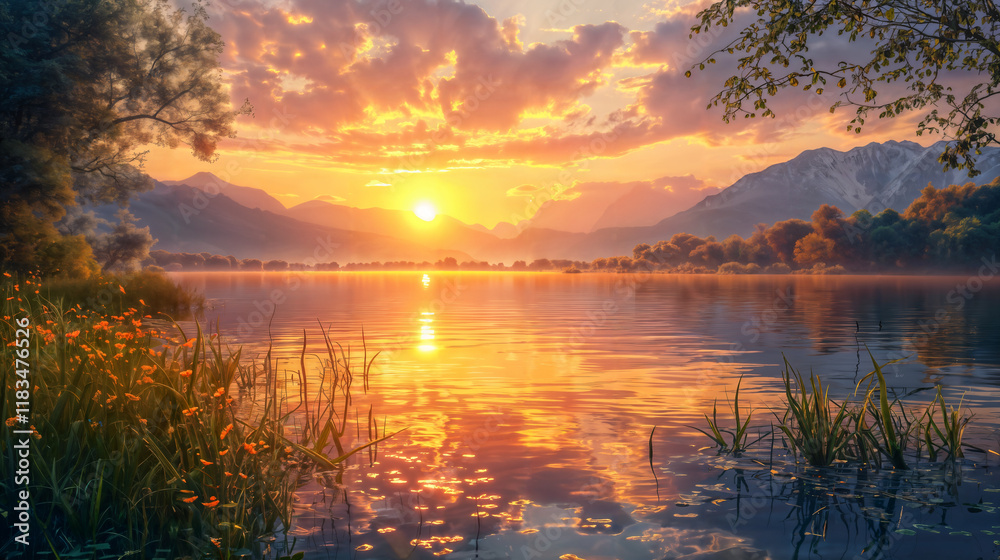 Serene Sunset Over a Tranquil Lake Surrounded by Mountains Serene Sunset Over a Tranquil Lake Surrounded by Mountains