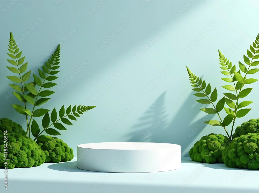 3d render White podium product stand with natural fern and moss and blue sky background for advertising banner, cosmetic, moisturizer, fragrance, new image 3d render White podium product stand with natural fern and moss and blue sky background for advertising banner, cosmetic, moisturizer, fragrance, new image