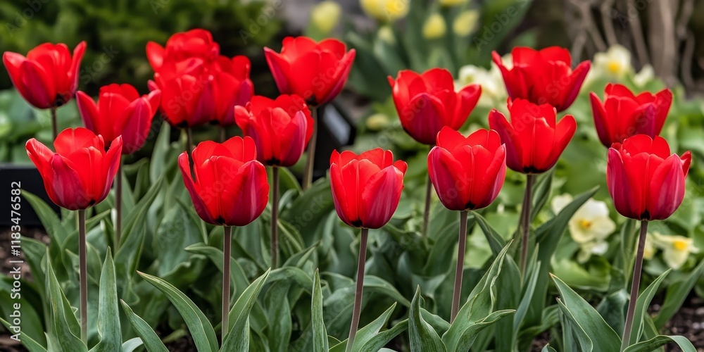 Vibrant red tulips flourish beautifully in the garden, showcasing their striking color and natural elegance, making the garden a stunning display of red tulips in full bloom. Vibrant red tulips flourish beautifully in the garden, showcasing their striking color and natural elegance, making the garden a stunning display of red tulips in full bloom.