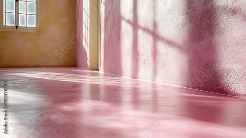 Sunlit pink room with window shadows.