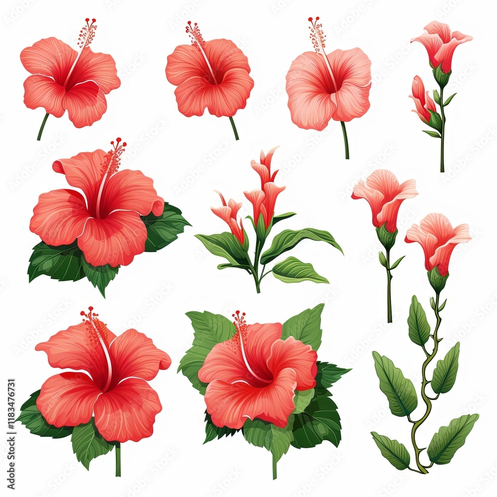 This stunning image features a set of six pink hibiscus flowers, accompanied by vibrant green buds and leaves, all elegantly isolated on a clean white background, perfect for various design projects.