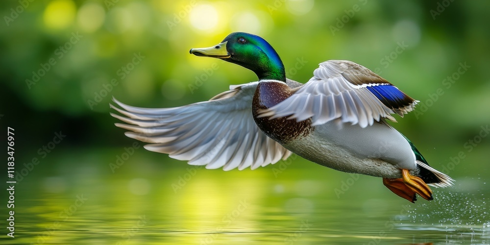 Obraz premium Male wild duck anas platyrhynchos gracefully flapping his wings, showcasing the elegance and beauty of the wild duck in motion as it prepares for flight. The wild duck s wings are captivating.