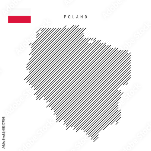 Poland map from pattern of black slanted parallel lines. Polish map with gray diagonal lines. Silhouette of a country made of oblique hatching. Vector illustration isolated on white.