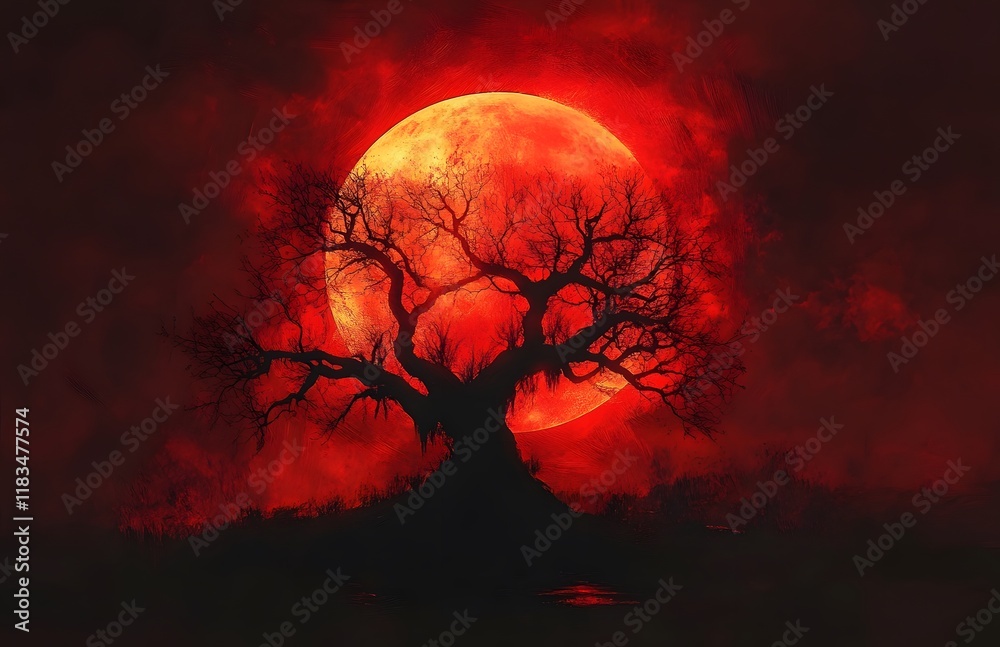 Blood Red Moon Illuminates Barren Winter Tree Blood Red Moon Illuminates Barren Winter Tree
