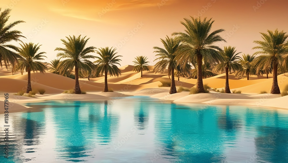 A tranquil desert oasis with crystal-clear turquoise water, surrounded by tall, lush palm trees swaying gently in the breeze. The golden sand dunes stretch into the distance under a warm, orange sunse A tranquil desert oasis with crystal-clear turquoise water, surrounded by tall, lush palm trees swaying gently in the breeze. The golden sand dunes stretch into the distance under a warm, orange sunse