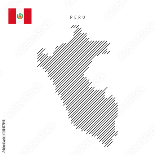 Peru map from pattern of black slanted parallel lines. Peruvian map with gray diagonal lines. Silhouette of a country made of oblique hatching. Vector illustration isolated on white.