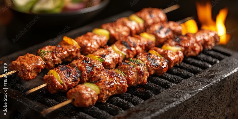 Freshly grilled shish kebab on a barbecue grill is cooked to perfection over hot charcoal, showcasing the deliciousness of shish kebab and its enticing aroma. Enjoy the experience of shish kebab. Freshly grilled shish kebab on a barbecue grill is cooked to perfection over hot charcoal, showcasing the deliciousness of shish kebab and its enticing aroma. Enjoy the experience of shish kebab.