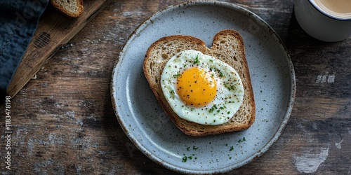 Toaster bread topped with a half boiled egg is beautifully presented on a plate alongside a cup of coffee. This toaster bread creation adds a cozy touch to any setting with ample copy space. photo