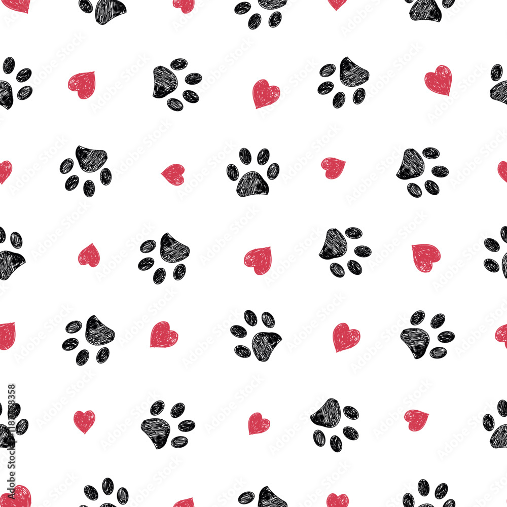 Fototapeta premium Hand drawn red hearts and paw prints. Seamless fabric design pattern