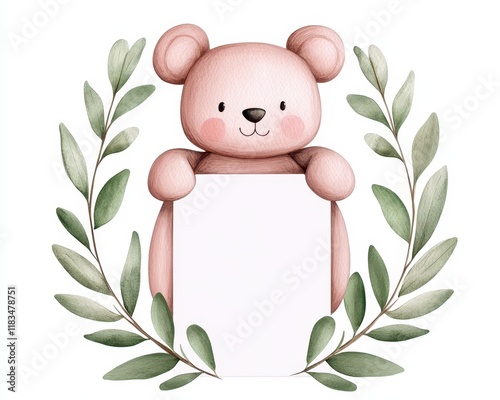 Adorable pink bear illustration holding a blank sign surrounded by green leaves, perfect for children's decor. photo