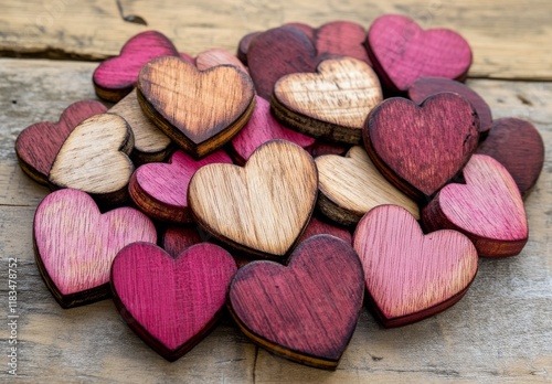 Wooden hearts piled on rustic wooden background. photo