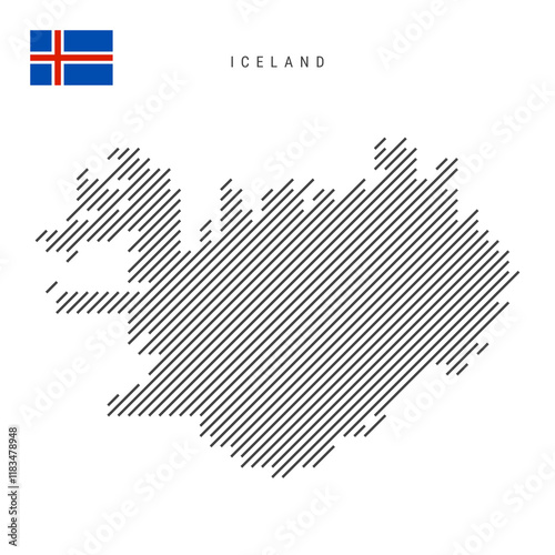 Iceland map from pattern of black slanted parallel lines. Icelandic map with gray diagonal lines. Silhouette of a country made of oblique hatching. Vector illustration isolated on white.