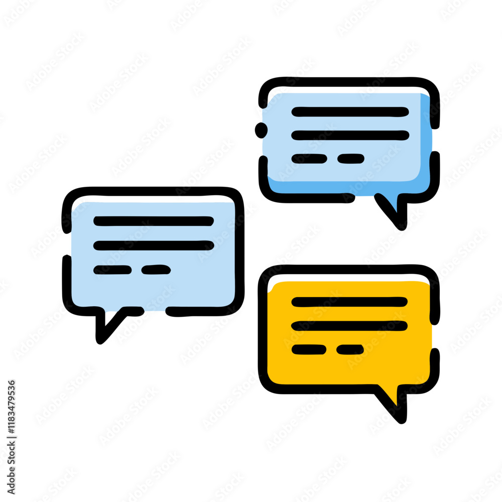 Communication Bubbles: A vibrant illustration of three speech bubbles in blue and yellow, symbolizing communication, conversation, and connection. Perfect for projects related to chat, messaging. Communication Bubbles: A vibrant illustration of three speech bubbles in blue and yellow, symbolizing communication, conversation, and connection. Perfect for projects related to chat, messaging.