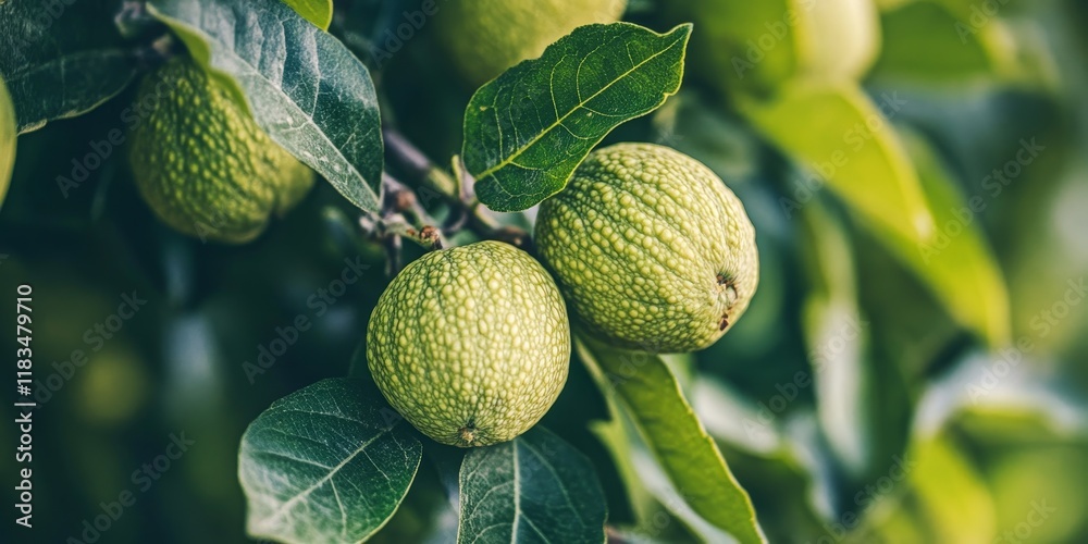 Fototapeta premium Close up of fresh green walnuts on the tree, showcasing the vibrant greenery and texture. This image features ripe green walnuts, highlighting their natural beauty in an appealing close up view.