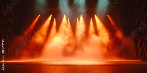 Theatrical lighting equipment creates captivating light effects on stage, enhanced by the use of a smoke machine to produce stunning visual displays, while emphasizing the dramatic ambiance of photo