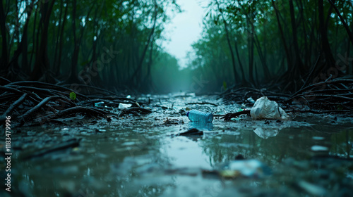 Dense Mangrove Swamp with Intertwined Roots in Murky Waters and Debris photo