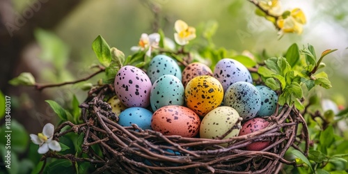Colorful quail eggs displayed in a vine basket, celebrating the joy of Easter. These multi colored quail eggs add a festive touch to any Easter feast or celebration, embodying the spirit of Easter.
