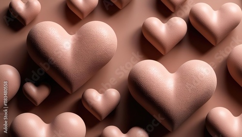 Mocha mousse love card 2025 for Valentine's Day, brown 3D hearts on a brown background, abstract fashion style in trendy color, declaration of love