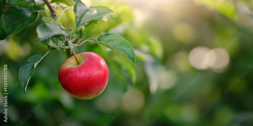 Red apple suspended from a tree in an orchard, showcasing its vibrant hue against a softly blurred background. The red apple stands out amidst the greenery of the orchard. Red apple suspended from a tree in an orchard, showcasing its vibrant hue against a softly blurred background. The red apple stands out amidst the greenery of the orchard.