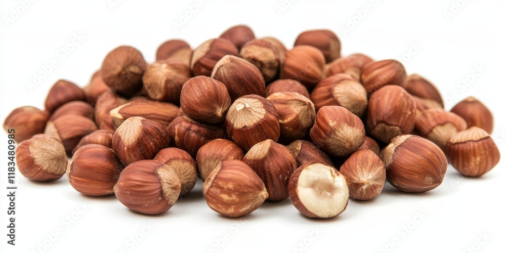 Close up of hazelnuts isolated on a white background, showcasing the rich texture and color of hazelnuts in detail, perfect for highlighting the beauty of hazelnuts in your projects. Close up of hazelnuts isolated on a white background, showcasing the rich texture and color of hazelnuts in detail, perfect for highlighting the beauty of hazelnuts in your projects.